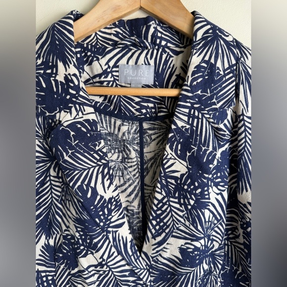 Pure Collection 100% Linen Blazer US 14/16 Blue Cream Palm Leaf Print Vacation - Picture 5 of 13